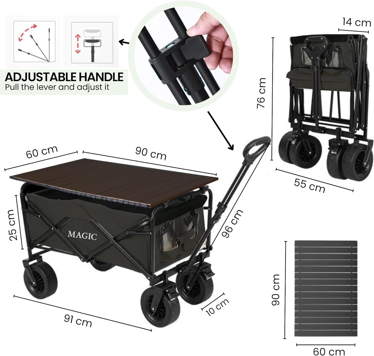 Carrello Pieghevole da Spiaggia per Campeggio, Picnic e Giardino - Trasformabile in Tavolo con Borsa e Maniglia Regolabile - Freni Inclusi