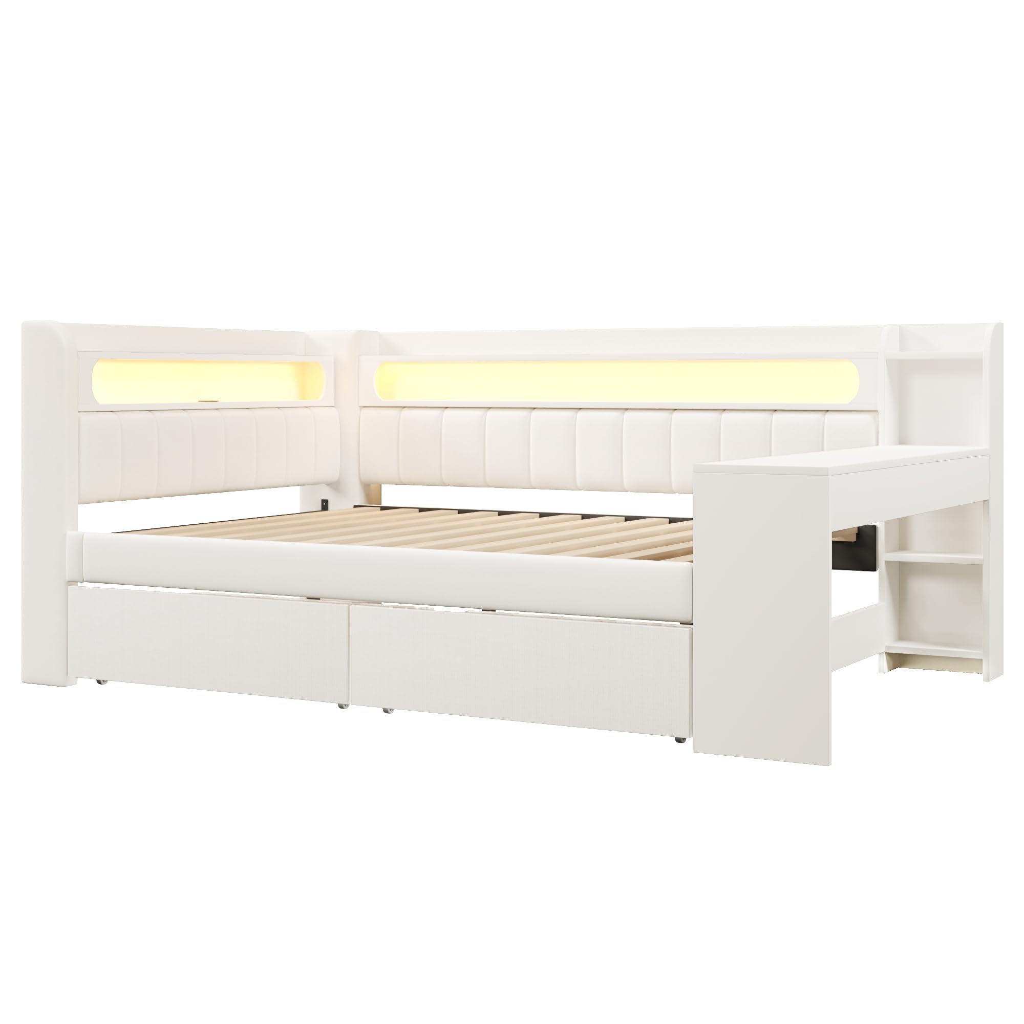 Dolamaní Łóżko młodzieżowe 140 x 200 cm, z USB i LED, łóżko dzienne z biurkiem i wyściełanym zagłówkiem, rama łóżka podwójnego ze stelażem, łóżko dziecięce z miejscem do przechowywania, bez materaca