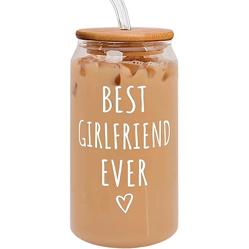 Gifts for Girlfriend - Girlfriend Gifts for Women - Anniversary, Valentines, Birthday Cup for Her - Romantic Love Glass for Her - 16 Oz Can Glass with Lid, Straw & Brush