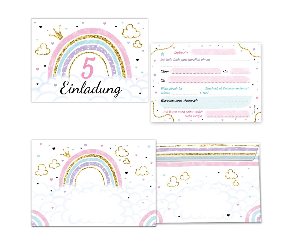 Minkocards 12 Einladungskarten incl. 12 Umschläge zum 5. Kindergeburtstag Mädchen Regenbogen Einladung fünfte Geburtstag Mädchengeburtstag Geburtstagseinladungen