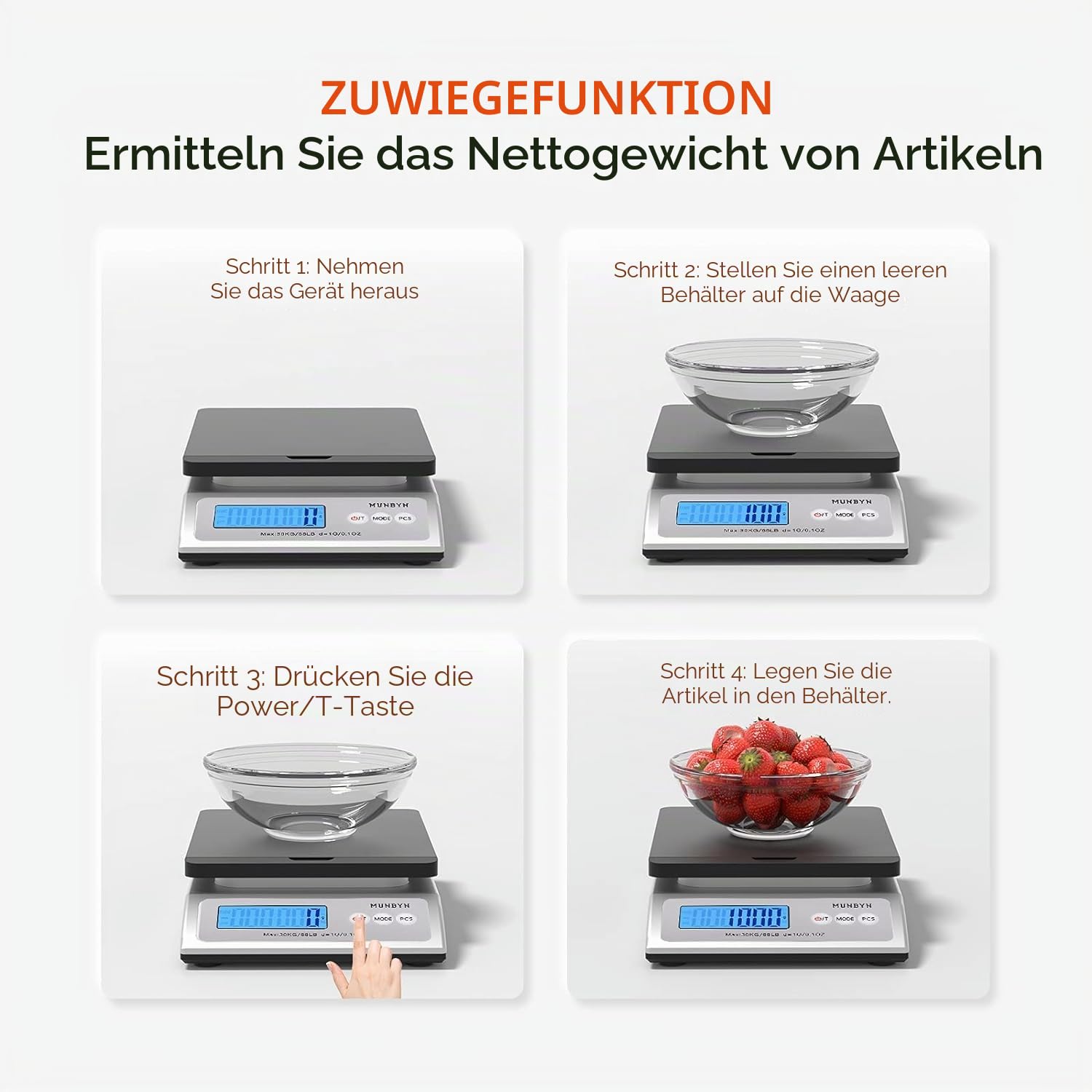 MUNBYN Paketwaage Versand Digitale Postwaage Paketversandwaage 30 kg elektronische Postwaage mit Halte- und Reißfunktion inkl. Maßband AC-Adapter und 1,5 Vx3AAA