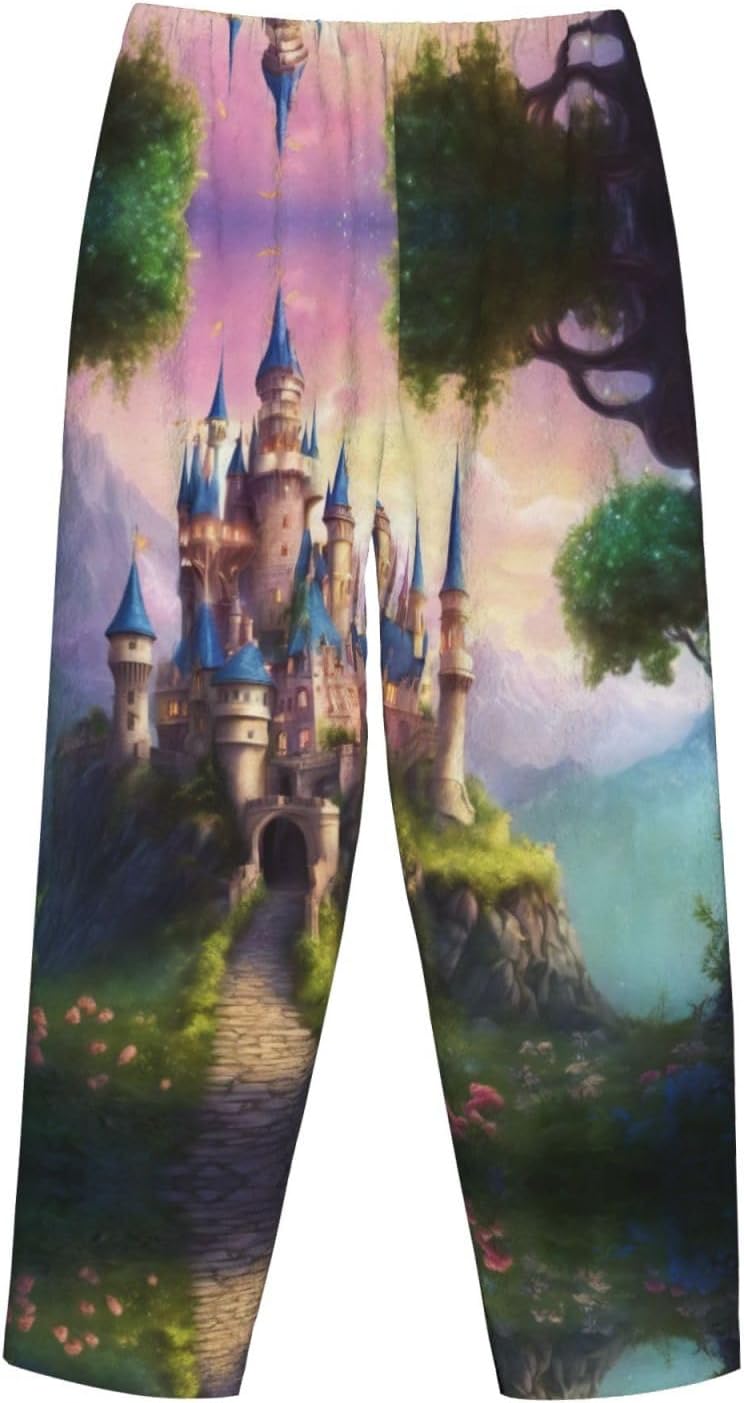 Magic Fairy Tale Castle Print Cozy Christmas Pajama Pants,Flannel Pajama Bottoms,Cater To Various Body Types
