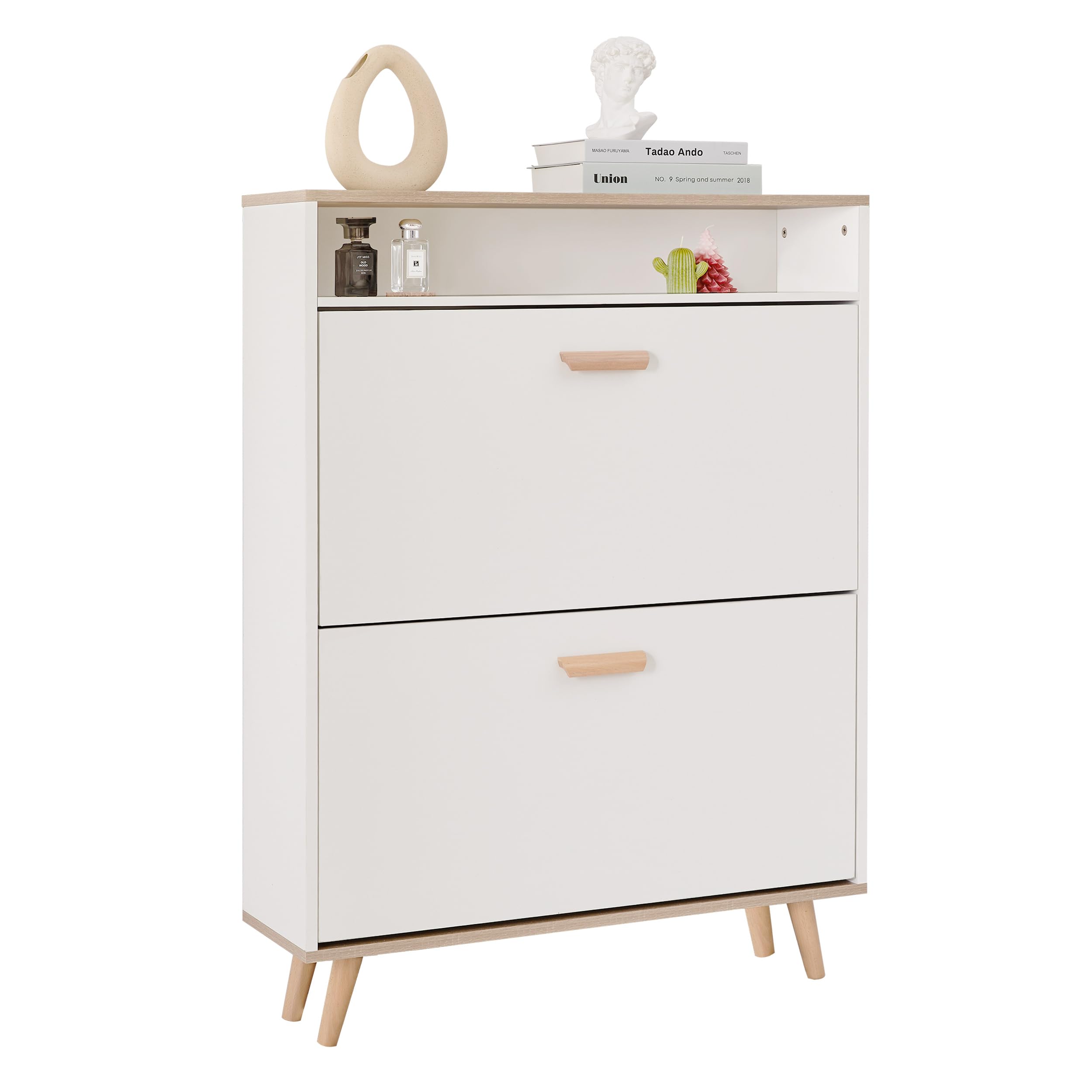 Shoe Cabinet Storage, Shoe Storage Cabinet with 2 Flip Drawers, Freestanding Shoes Organizer Cabinet with Adjustable Shelves, Shoe Cabinet Storage for Entryway, Narrow Shoe Cabinet with Legs