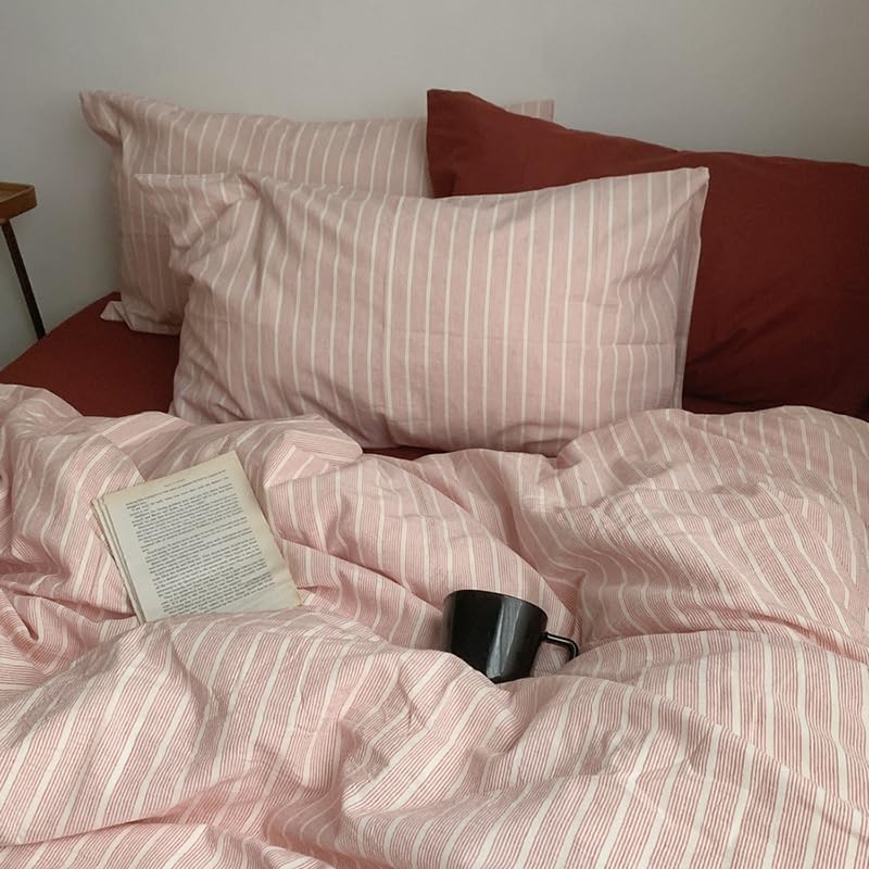 Image of Striped Duvet Cover Set Twin Size,Pink Stripes Patterned 2Pcs Bedding Set for Kids Adults,Soft Breathable Microfiber Comforter Cover All Season with Zipper Closure and 1 Pillowcase