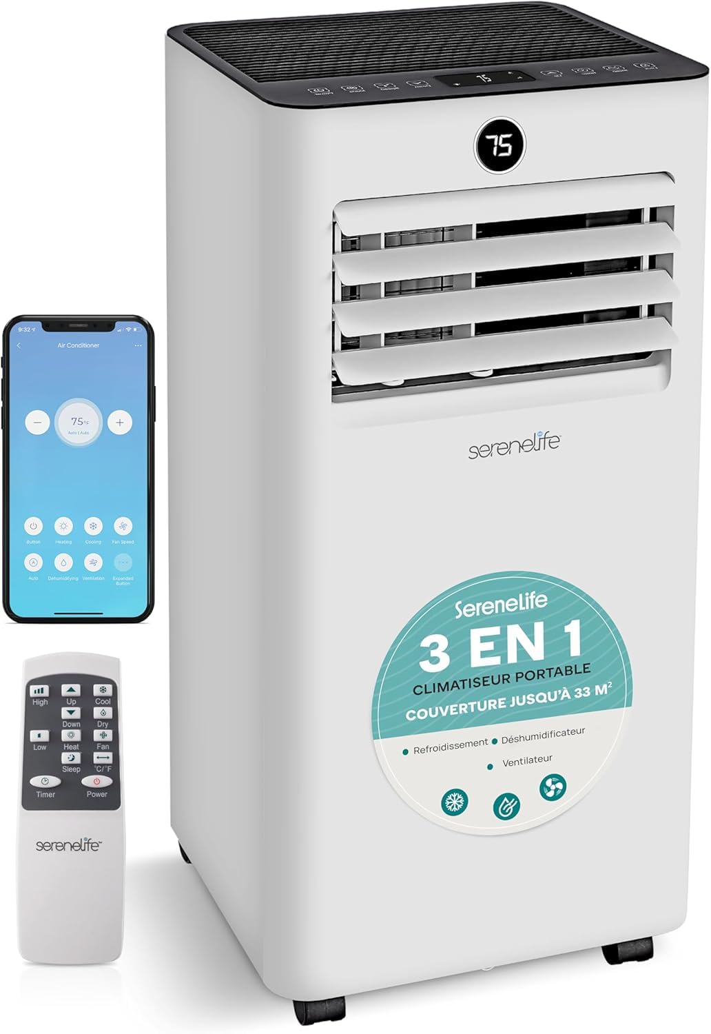 SereneLife - Aire acondicionado móvil 7000 BTU con evacuación - Aire acondicionado portátil WiFi 3 en 1 silencioso con deshumidificador, ventilador y kit ventana