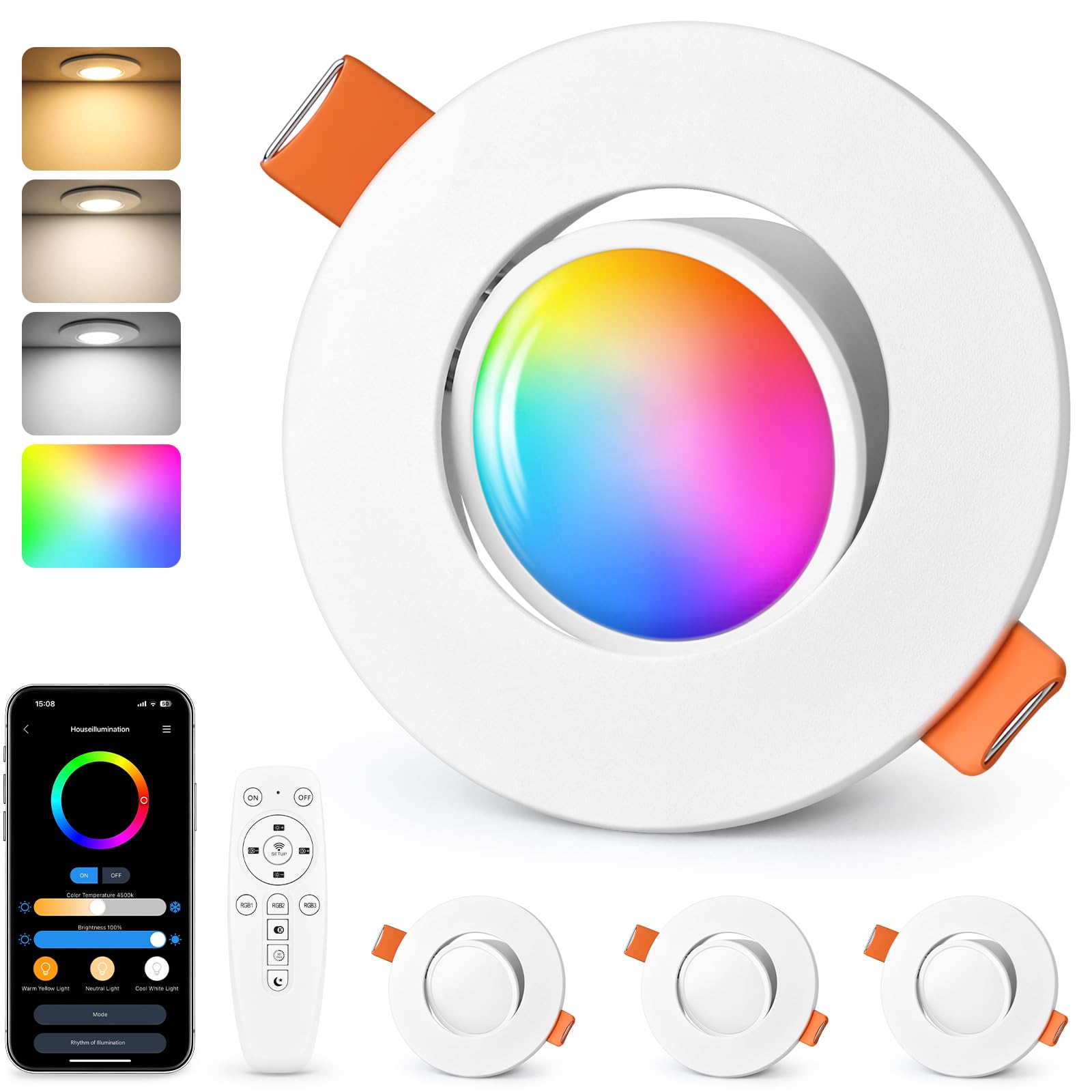 GeyouLux LED Recessed Spotlight RGB, White Smart LED Spotlights 230V 2700K-6500K Dimmable with App & Remote Control, 68-80mm 5W IP44 Ultra-flat, 45° Rotatable Recessed Lights for Living Room, 4 Pieces