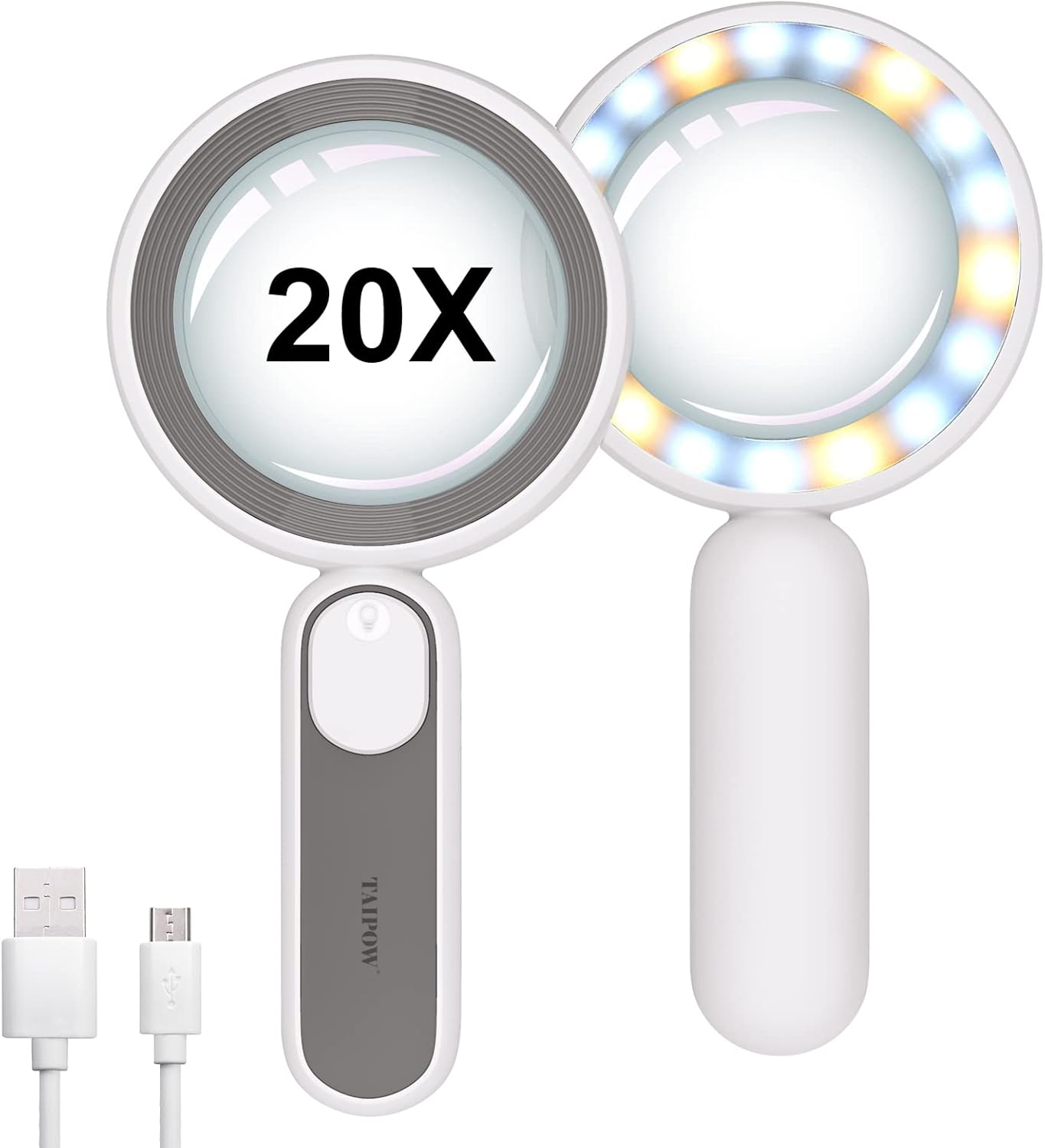 Taipow Lupas de Gran Aumento con Luz 20X, Lupa para Leer Libros con 21 LED Luz y 3 Modos de Iluminación, Lupa de Mano para Lectura, Inspección, Observar Joyas, Manualidades, Monedas, Gris