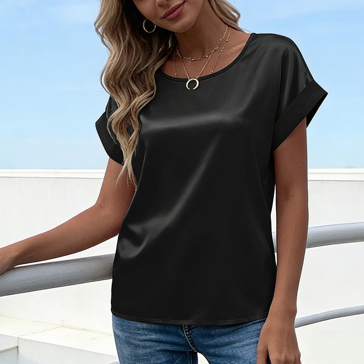 Women's Satin Short Sleeve Blouse, Silky Round Neck Loose Fit Top, Elegant Summer Casual Shirt for Work Office