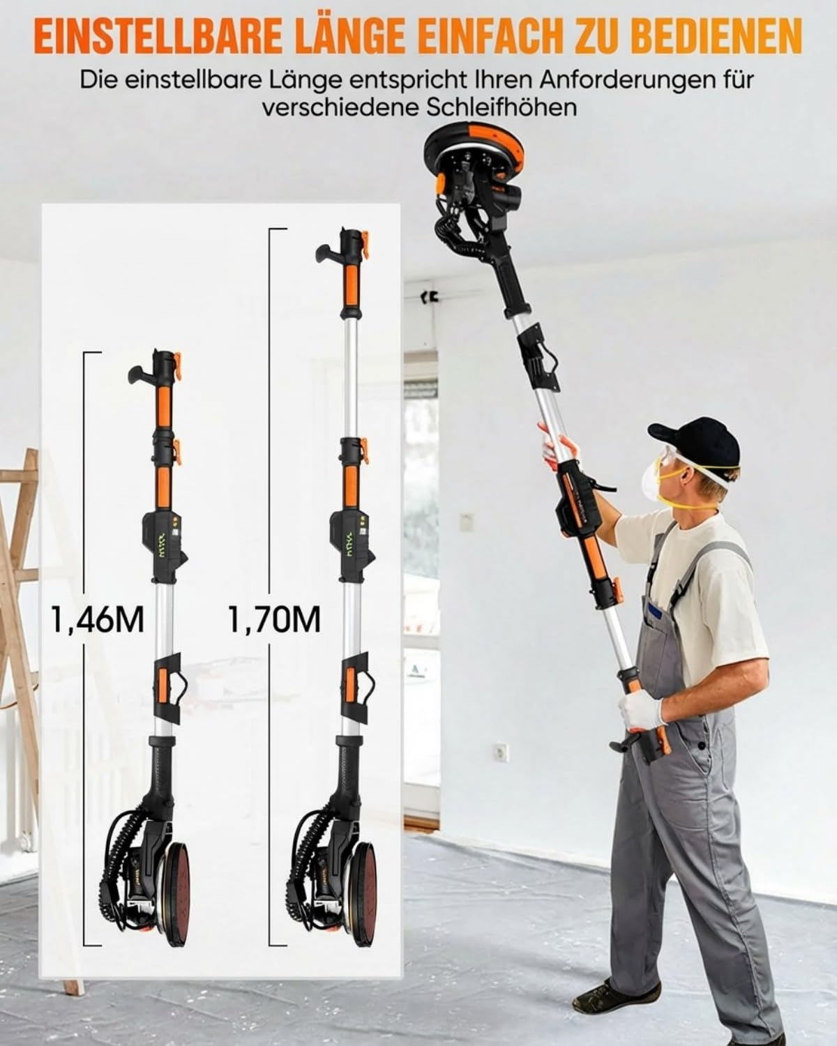 Trockenbauschleifer 900W, Wandschleifer & Deckenschleifer mit Absaugung, 1800 U/min, 6-Stufen Geschwindigkeit, Klappbarer Teleskopstiel, LED-Leuchte, inkl. 12 Schleifblättern