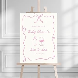 Sip & See Welcome Sign – Printed Pink Ribbon Coquette Poster, Custom Baby Bottle & Wine Glass Entrance Décor (DS101)