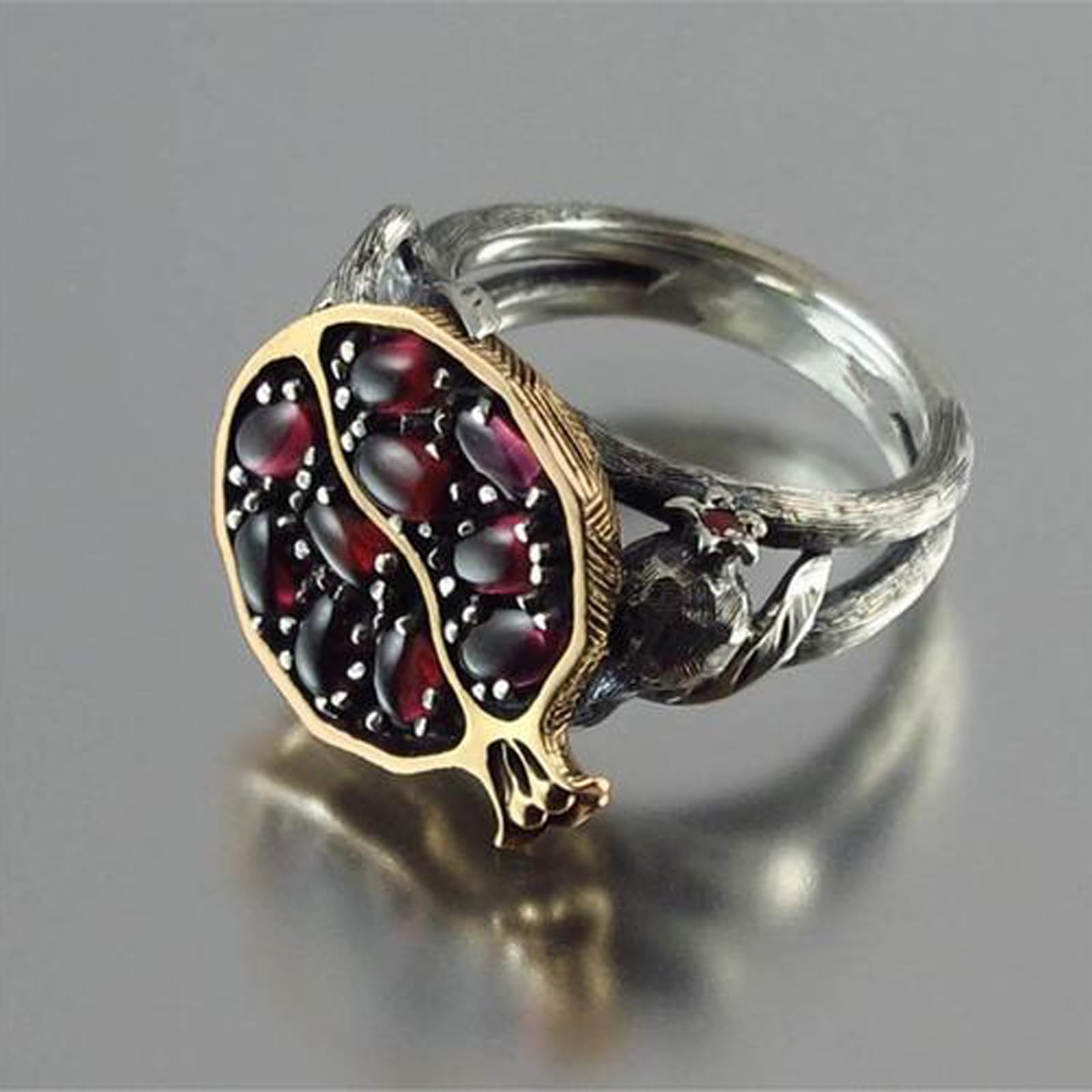 XDHLDULYK Garnet Ring, Tree Vine Black Gold Statement Ring Ruby Engagement Rings for Wife Girlfriend, Pomegranate Shaped Birthstone Ring Silver Ring Jewelry Gift for Women, Handmade Anniversary Ring