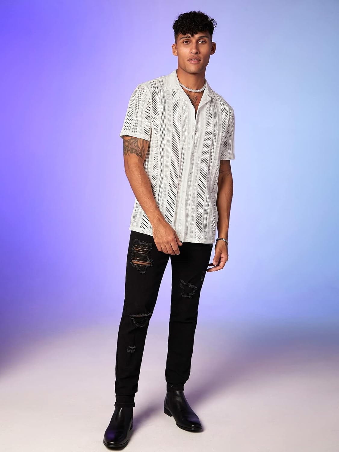 WDIRARA Men's Floral Lace See Through Button Front Short Sleeve Shirt Summer Tee Top - Image 4