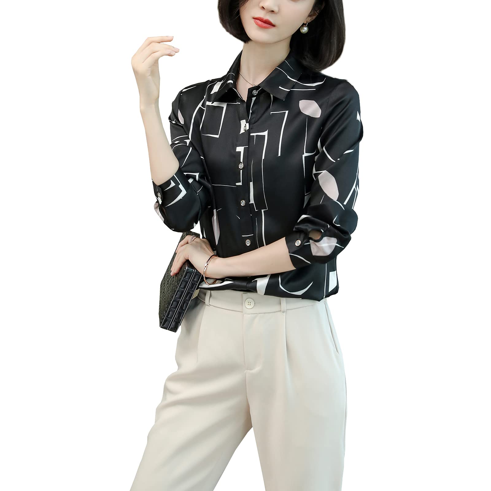 Valin Blusa de seda para mujer, camisa de seda sólida, con botones, blusa de manga larga, blusa de seda, S9080