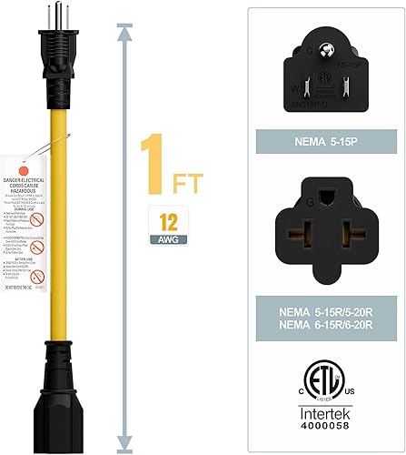 Miniatura 2 de 4 en 1 Cable adaptador de CA para el hogar de 12 AWG de 15 amperios a hoja T de 20 amperios, NEMA 5-15P a 5-15R 5-20R 6-15R 6-20R, adaptador de CA 4