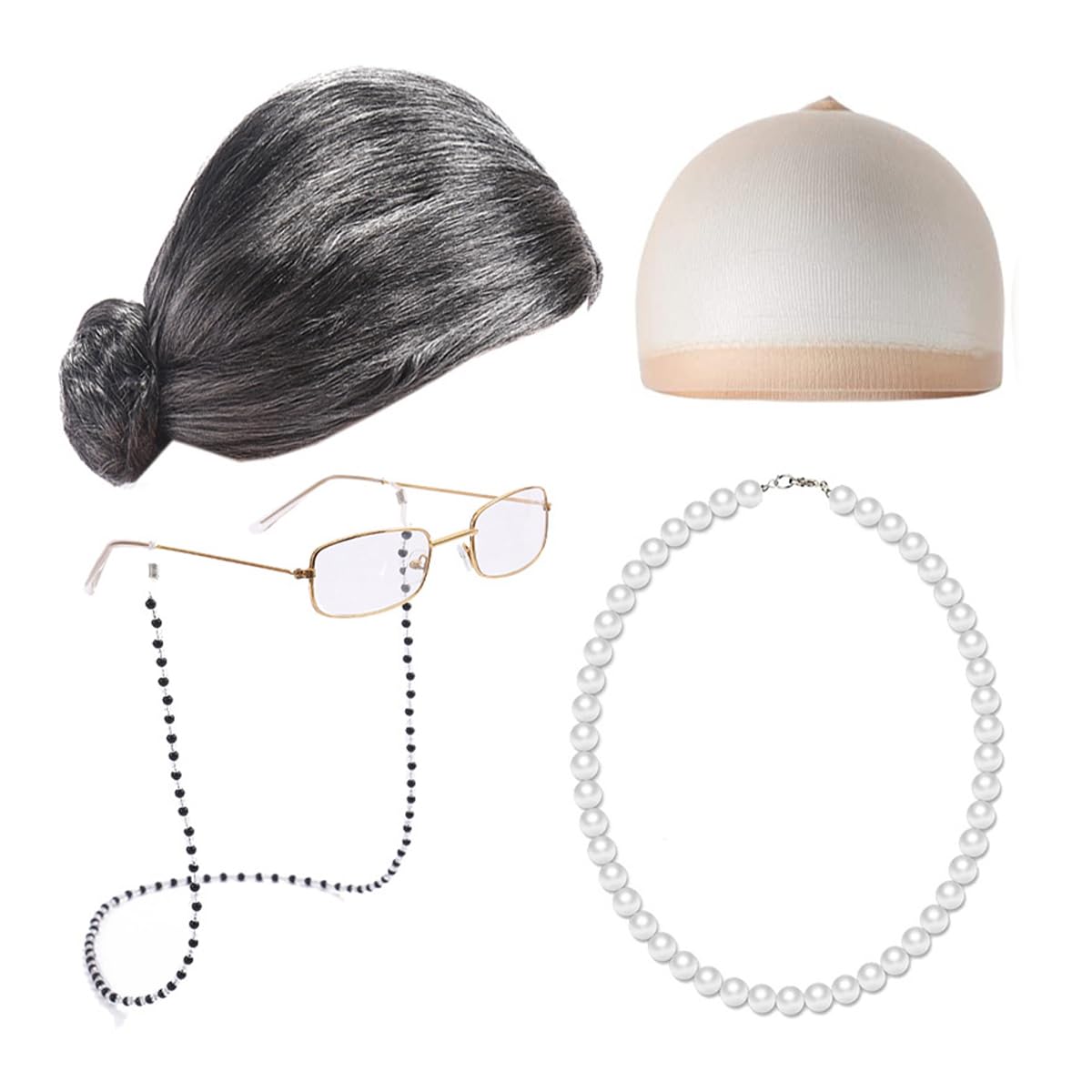 CENPEK Old Lady Fancy Dress Granny Wig Set Grandmother Cosplay Accessory for Halloween Masquerade Carnival