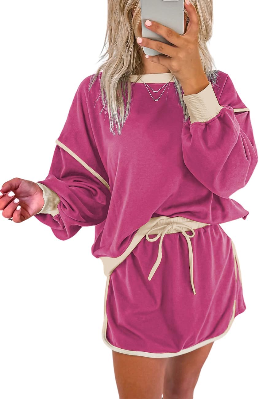 Casual matching sweatshirt and skirt set for women.