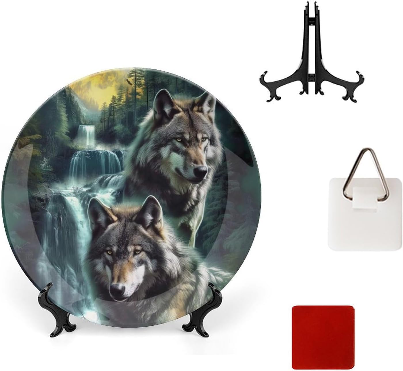 Wolf Moon Green Bone China Decorative Plate Ceramic Decorative Plate for Home Office Wall Decor, with Vertical Stand Decorative Plates for Home Club