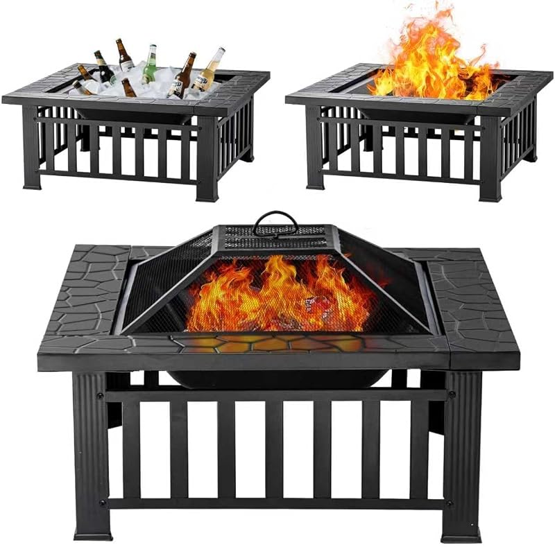 Fire Pit Table 32 Inch Square Metal Stove for Patio, Backyard | Wood Burning Fire Pits for Outside, Multifunctional Outdoor Fireplace for Camping, Heating, Bonfire & Picnic