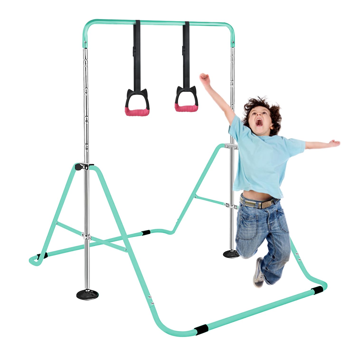 SUDOO Barra de Gimnasia Plegable con Anillos, Barra Horizontal Plegable de Altura Ajustable, Equipo de Gimnasia para jardín en casa, Barra de Entrenamiento de Gimnasia (Verde)