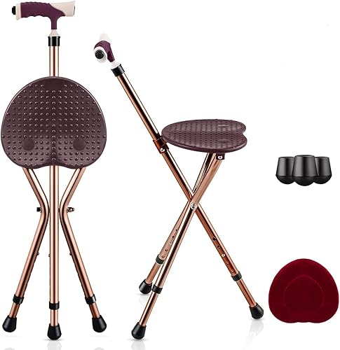 Miniatura 1 de GYMAX Combo de silla de bastón, asiento plegable de caña con luz LED, tabla de asiento de masaje y mango ergonómico, bastón antideslizante ajustable