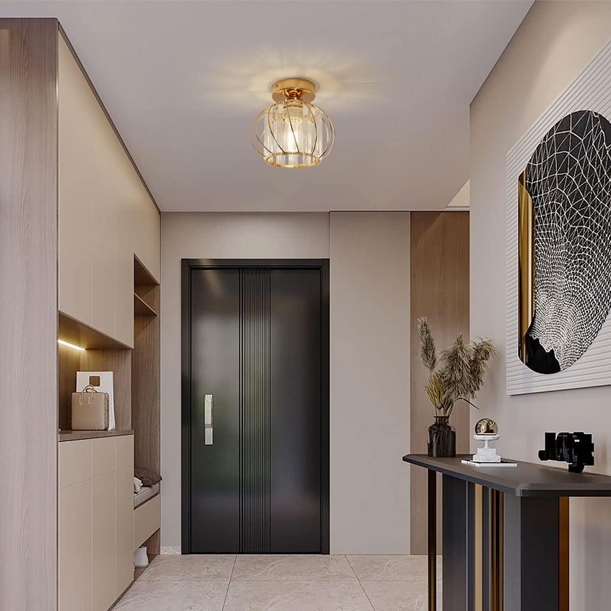 Plafonnier en Cristal Moderne E27 Mini Lustre Semi-encastré, Lampe Plafond pour Salon Chambre Entrée Couloir (Doré)
