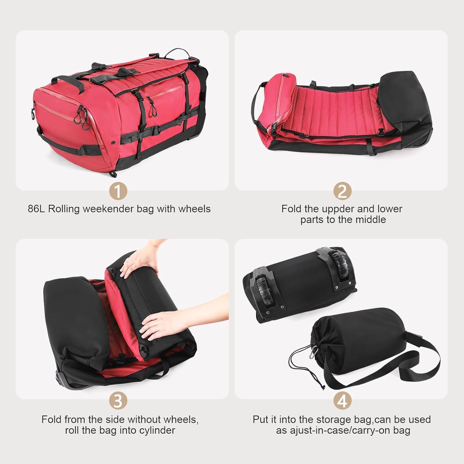 Rolling Duffle Bag with Wheels,86L 30”Carry on Luggage with Wheels,Folding Travel Bag,Duffle Backpack with Separate Shoe Compartment (red) - Image 3