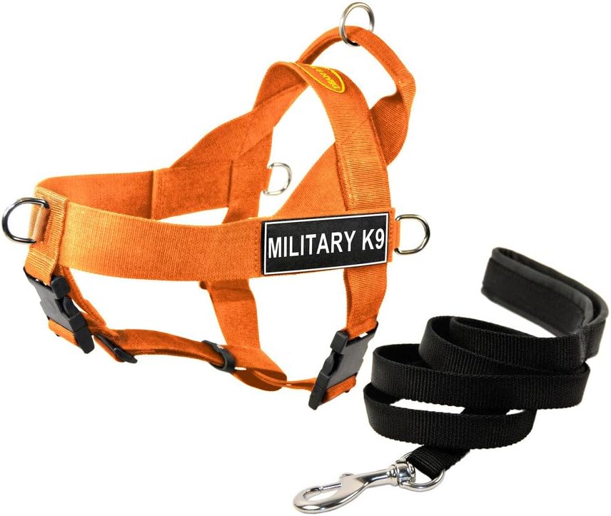 Dean & Tyler DT Universal No Pull Dog Harness with Military K9 Patches and Puppy Leash, Orange, Large