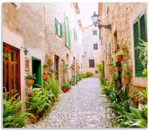 Herdabdeckplatte/Spritzschutz aus Glas, 2-teilig, 60x52cm, für Ceran- und Induktionsherde, Südländische Gasse mit Alten Häusern und grüner