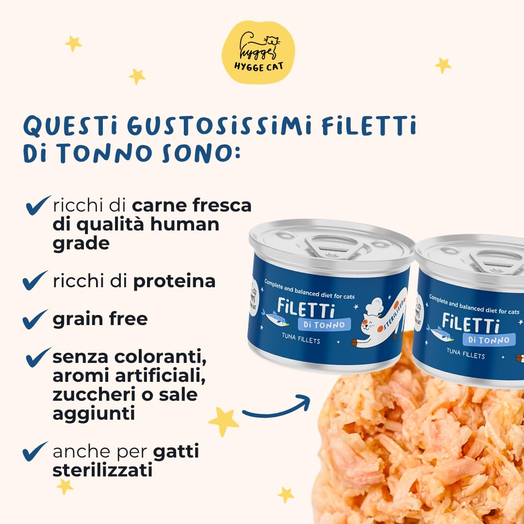 Filetes de atún al 70% | Comida húmeda para gatos sin granos con omega 3 y 6 | Cajas de gato 36 x 70 g naturales | Comida para gatos completa sin cereales | Fabricado en Italia | Hygge Cat