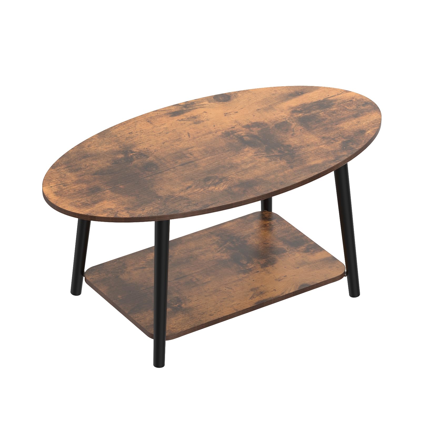 HUOLE Mesa de té de madera, mesa de centro ovalada con estante, muebles de salón, diseño aglomerado, madera de haya, 100 x 53 x 45 cm, madera quemada