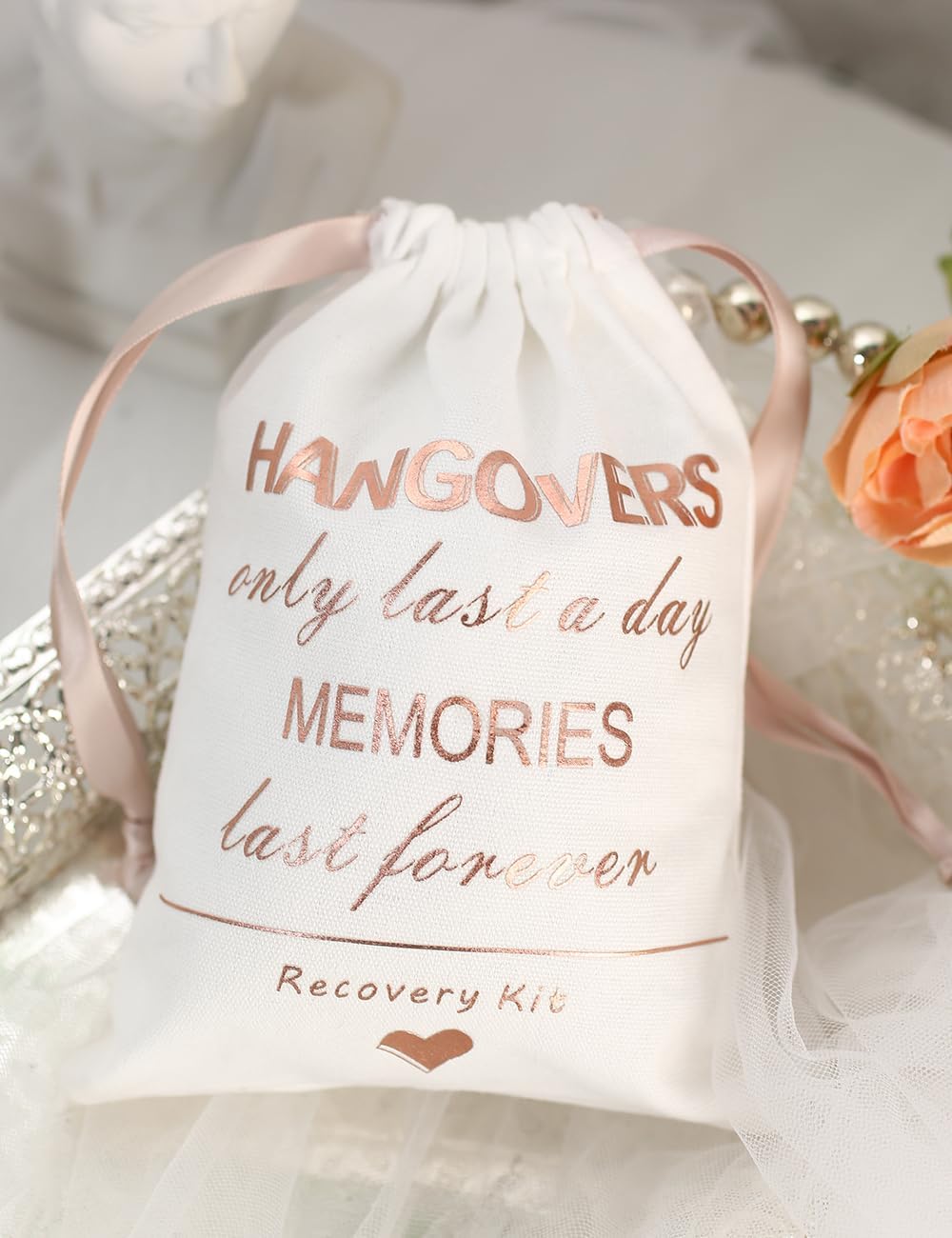 10pcs Hangover Kit Bags Bachelorette Party Favor Bags, Wedding Survival Recovery Kit Drawstring Bag (5 x 7 Inch, White, Rose Gold Foil)
