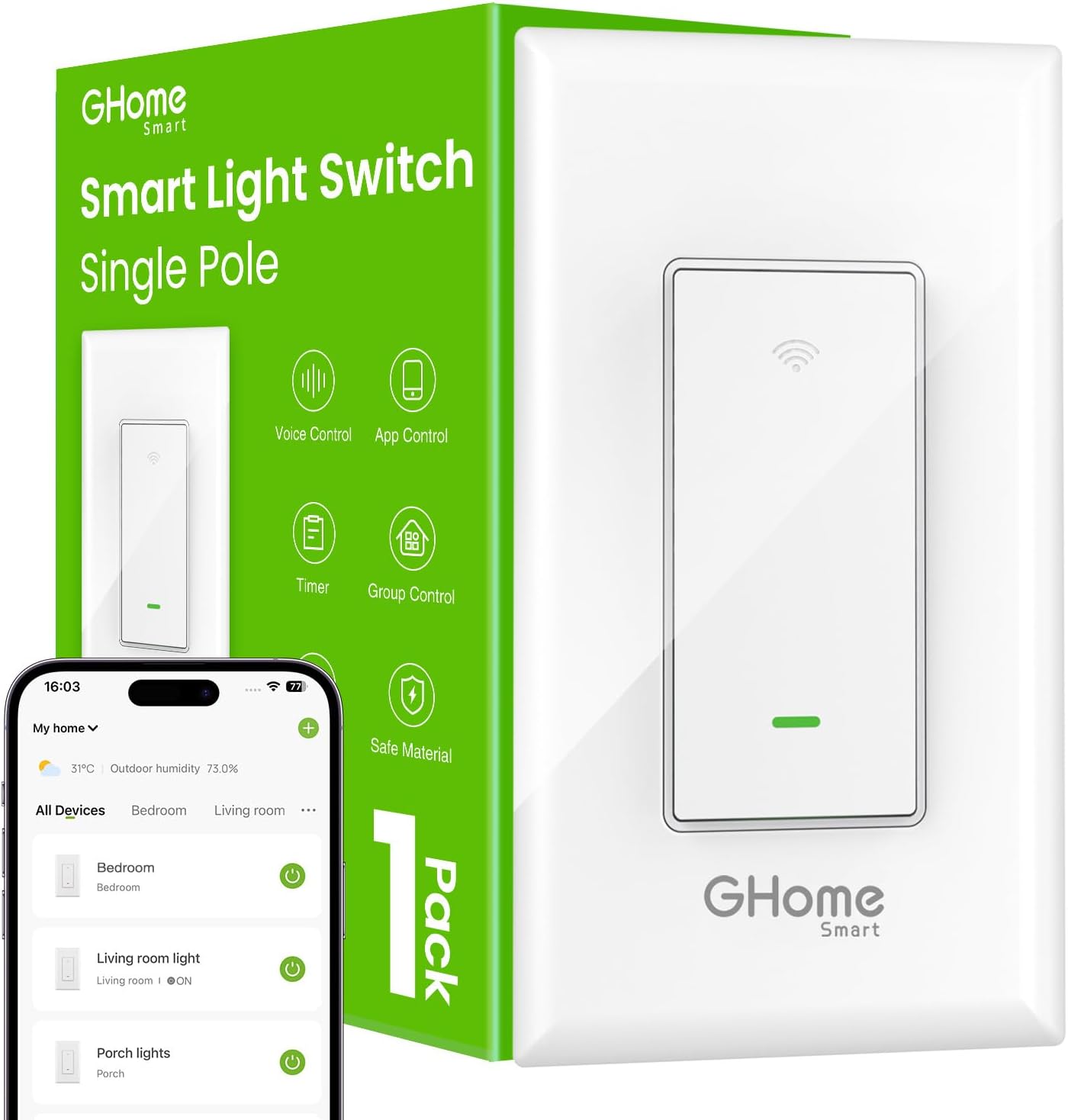GHome Smart Switch, 2.4Ghz Wi-Fi Light Switch Compatible with Alexa, Google Home, Neutral Wire Required, Single-Pole,UL Certified,Voice Control and Timer, No Hub Required,1 Pack, White (SW5)