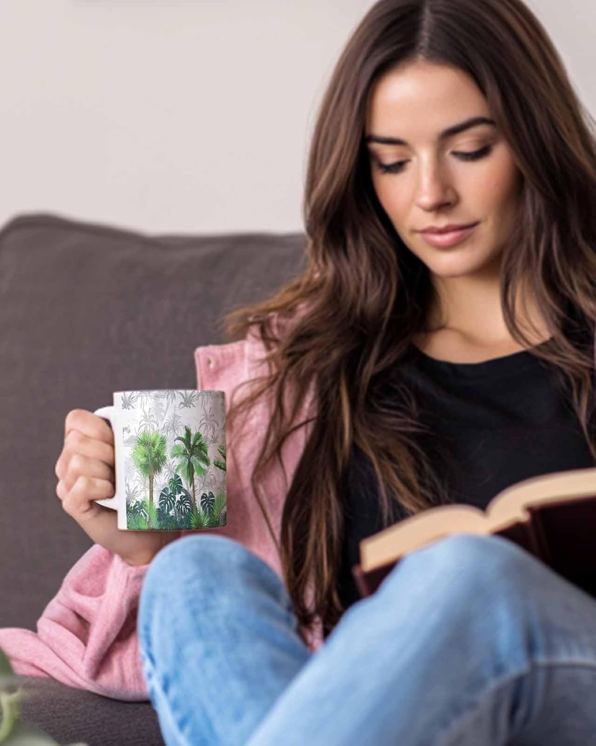 BEMIGO Ceramic Coffee Mug Summer Tropical Palm Tree Ceramic Mug White Cup, Green Gray Insulated Coffee Cup with Handle with Pattern Perfect for Tea and Hot Beverages, 12oz