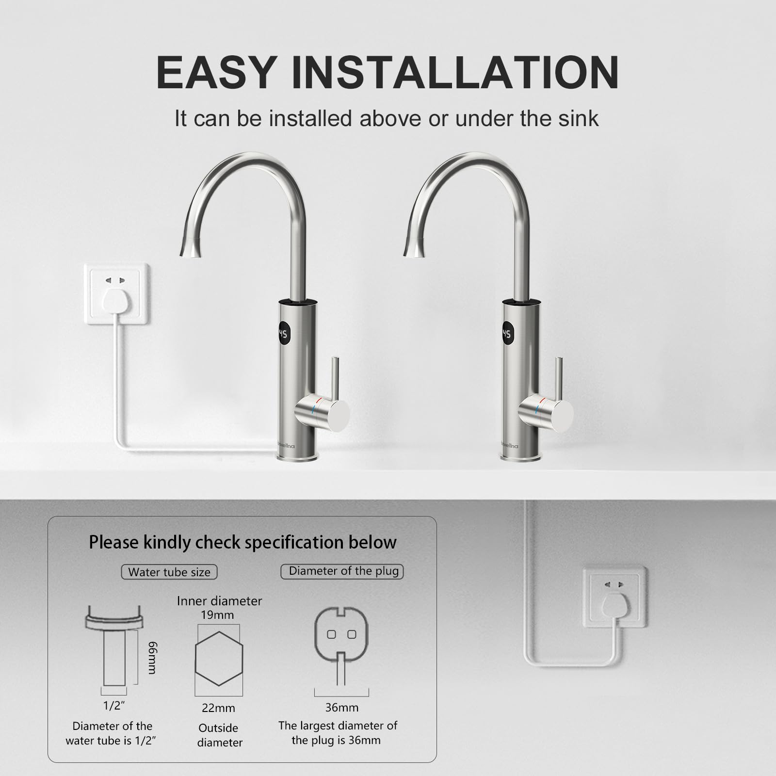 Grifo de agua caliente inoxidable con pantalla digital, grifo de calentador de agua instantáneo giratorio de 360 grados, grifo de calentamiento rápido, grifo de calefacción eléctrica