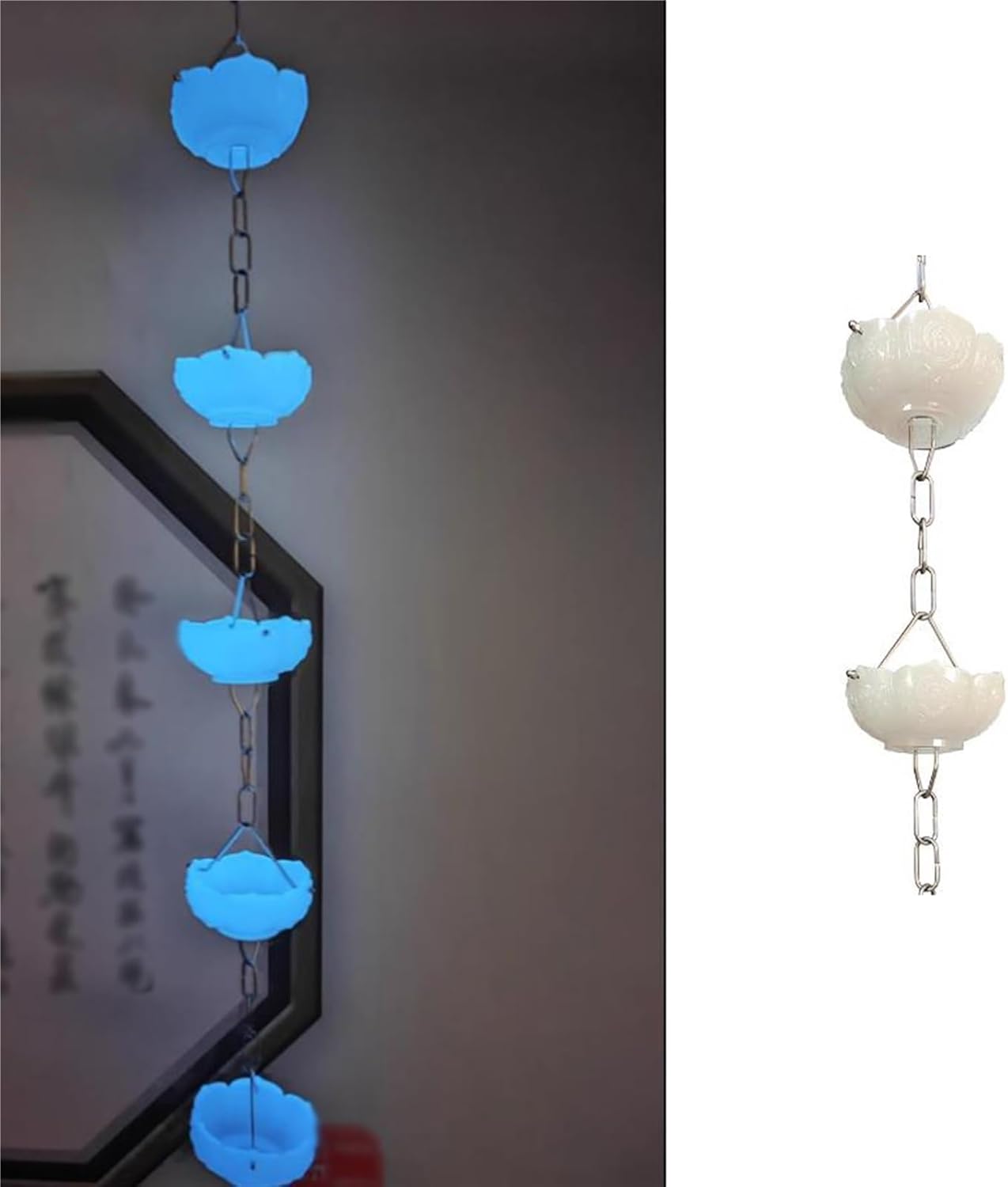 Resin White Gutters Rain Chain with Fluorescent Blue, Outdoor Resin Rainpipe, Home Garden Decor Raincatcher for Garden Porch Patio,White-15m/5ft