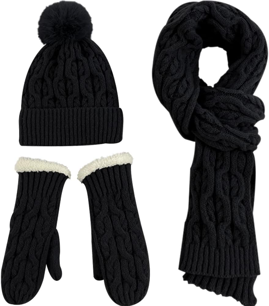 Winter Beanie Scarf and Mittens Set for Women Knitted Beanie Skull Cap with Faux Fur Pom