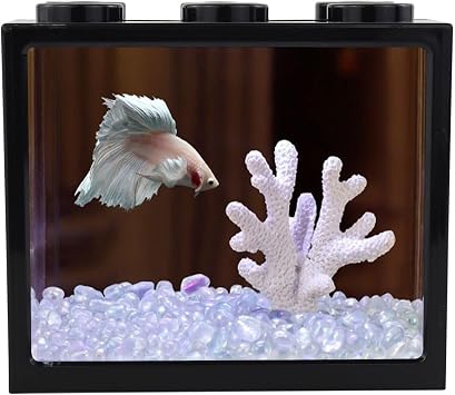 WishLotus Small Fish Tank, Simple Building Block Betta Aquarium with Exhaust Holes Detachable and Stackable Square Mini Fish Tank for Starfish, Betta, Small Crab Habitats and Jellyfish Black, A