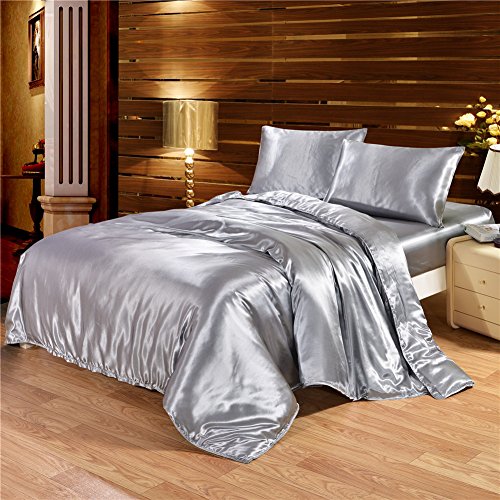Drefeel Hotel Quality Solid Grey Duvet Cover Set Queen/Full Size Silk Like Satin Bedding With Hidden Zipper Ties Soft Breathable Stain Resistant Quilt/Comforter Cover Set #TOP1