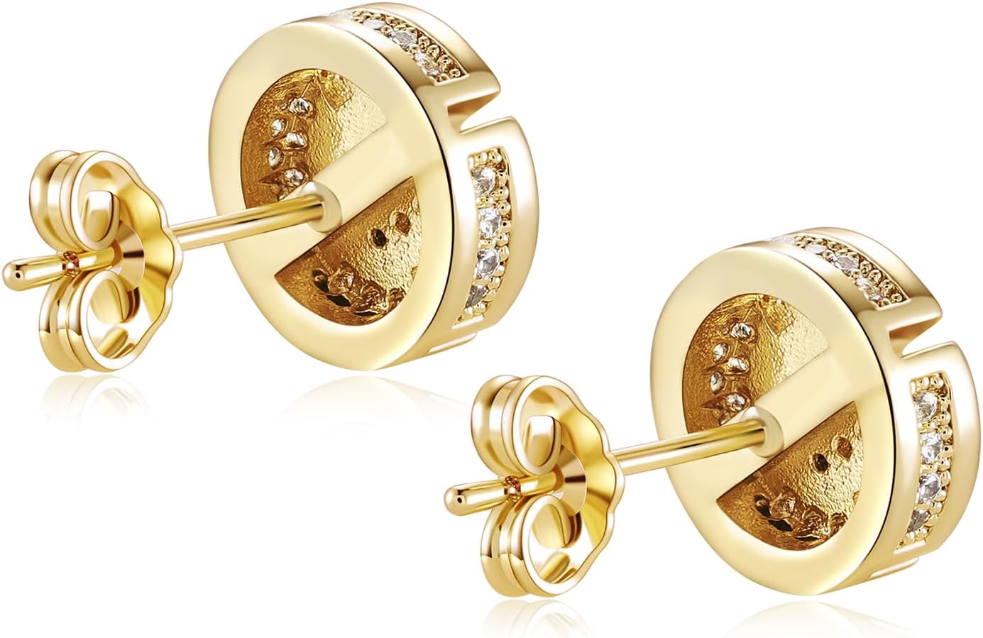 14k Gold Plated Round Circle Mens Inlaid Cubic Zirconia Earrings Hip Hop Iced Out Push Back CZ Stud Earrings for Men - Image 3