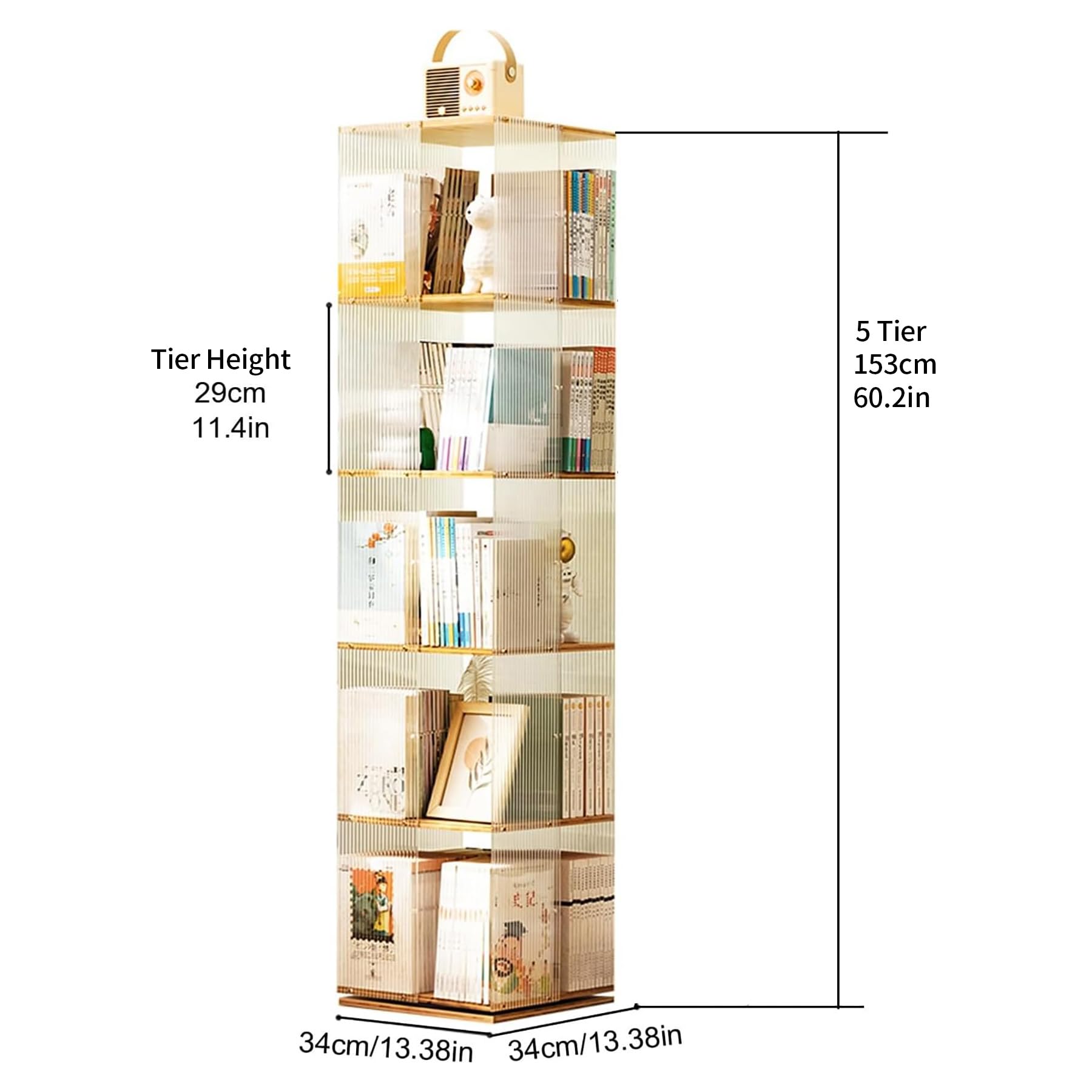 Scaffale Girevole A 4 Livelli In Legno Di Pino - 143x45x45 Cm - Libreria Rotante 360° Con 4 Scomparti Per Livello