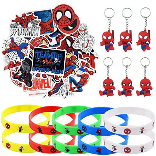 ZeYou 72 pièces de Spiderman Party cadeaux pour enfants, Spiderman Anniversary Deco contient 56 pièces de Spiderman Sticker, 6 pièces de porte-clés et 10 pièces de bracelets en silicone Cover