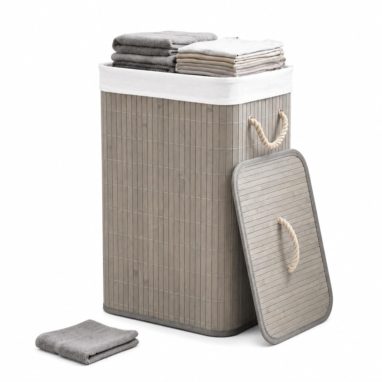 Laundry Hamper with Lid, Bamboo Laundry Basket, Removable Machine Washable Laundry Basket, with Handles, 81 L, for Laundry Room, Bedroom, Bathroom, Natural Grey-image-11