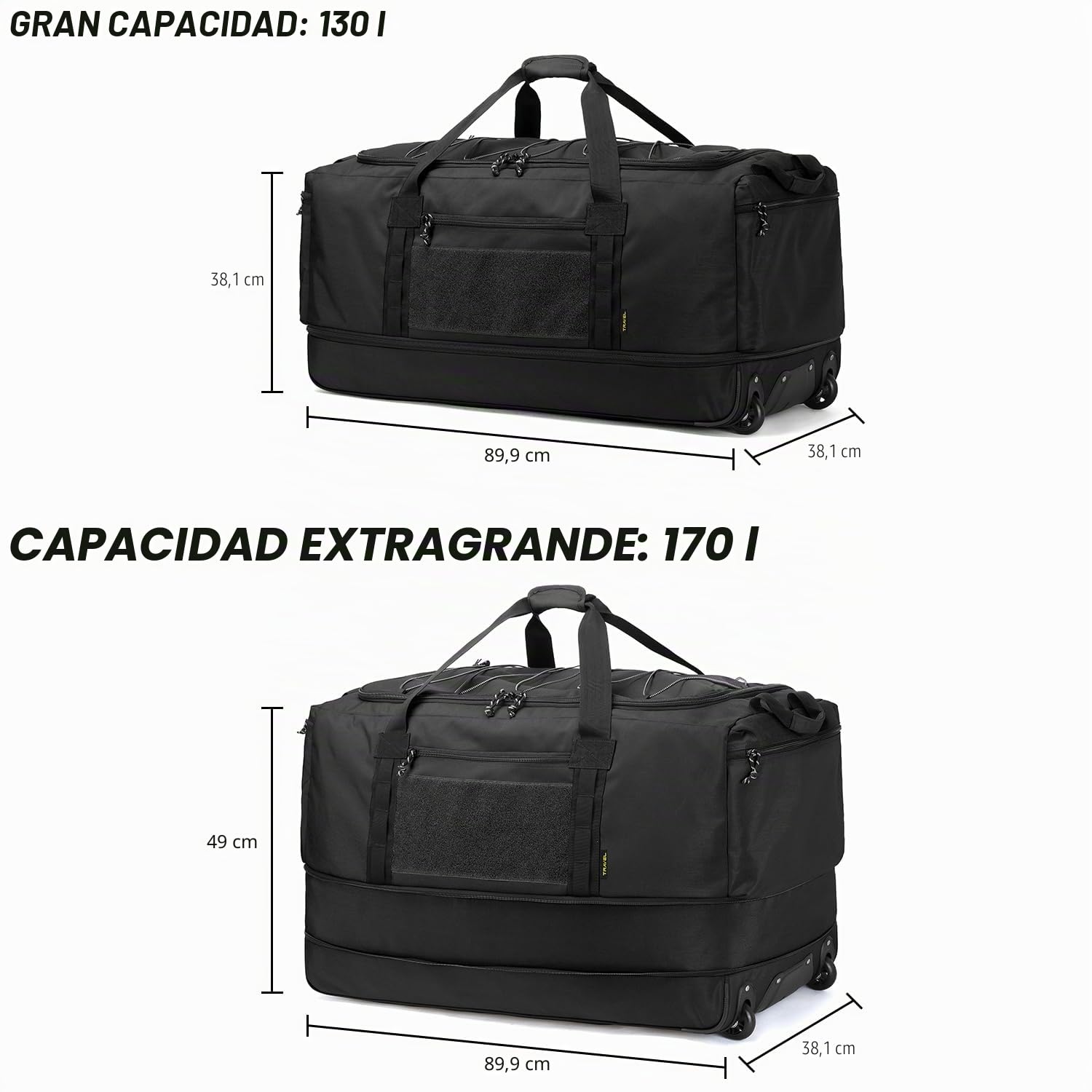 Laripwit Plegable Bolsa de Viaje con Ruedas 130-170L Extensible Bolsa de Deporte Extra Grande Maletas de Viaje con Asas Múltiples para Cámping Fin de Semana o de Viajes, Negro