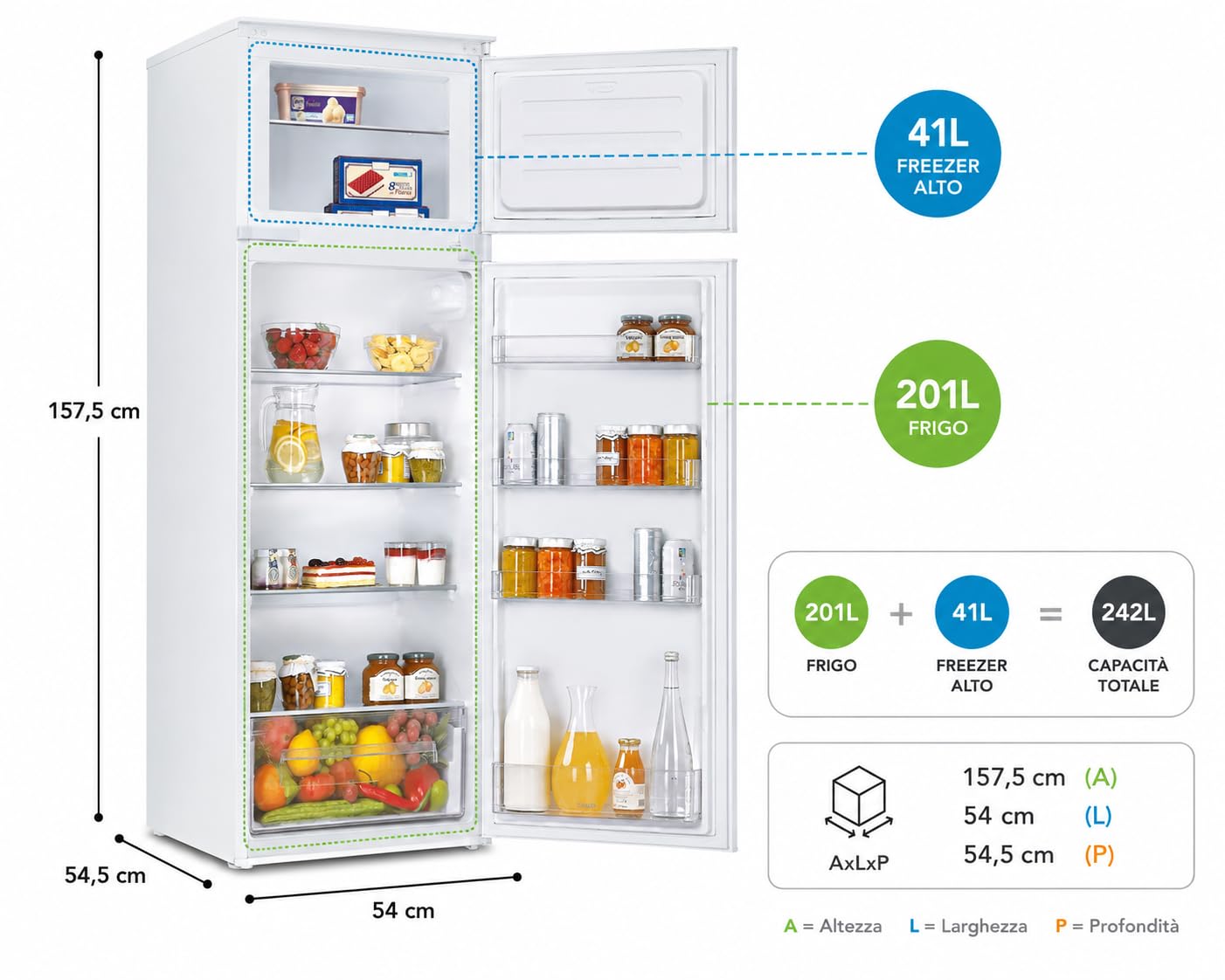 CANDY Kriò Suite Frigorifero da Incasso 242L (201L Frigo + 41L Freezer Alto), Statico, Porte Reversibili, Silenzioso 39 dB, 157,5x54x54,5 cm (AxLxP), CTM516EW