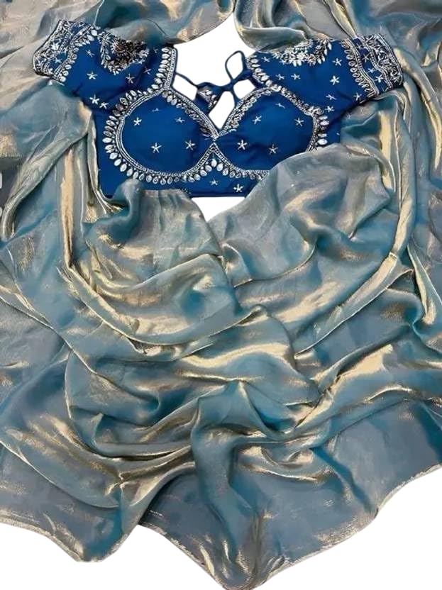 Chiffon Silk Saree with Ready Stitched Embroidered Blouse, Traditional Indian Style-image-19