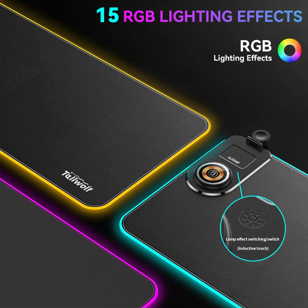 HomeBeyond Tappetino per mouse da gioco RGB, tappetino per mouse con ricarica wireless per cellulari, auricolari e Apple Watch, 15 modalità di illuminazione dinamica, grande tastiera da 31,5 x 11,8 cm