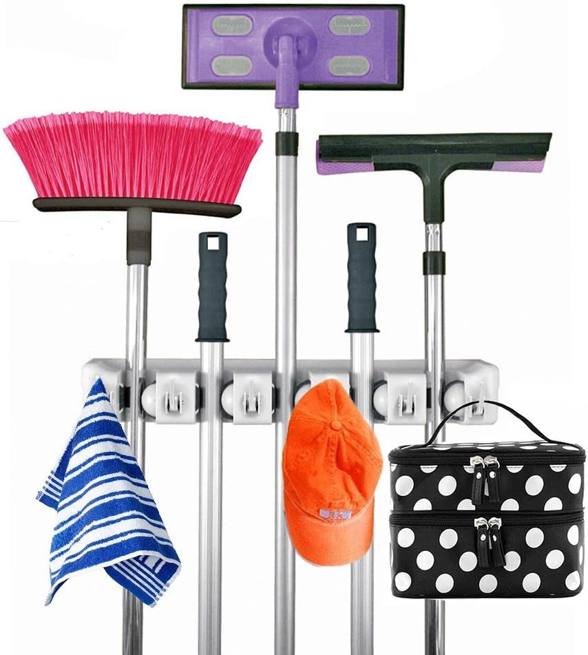 ROGERRAY Mop and Broom Holders,Wall Mounted Mop Holder Tool Shelving Multifunctional Wall Mounted Garage Storage Organization Systems (5 Position 6 Hooks)
