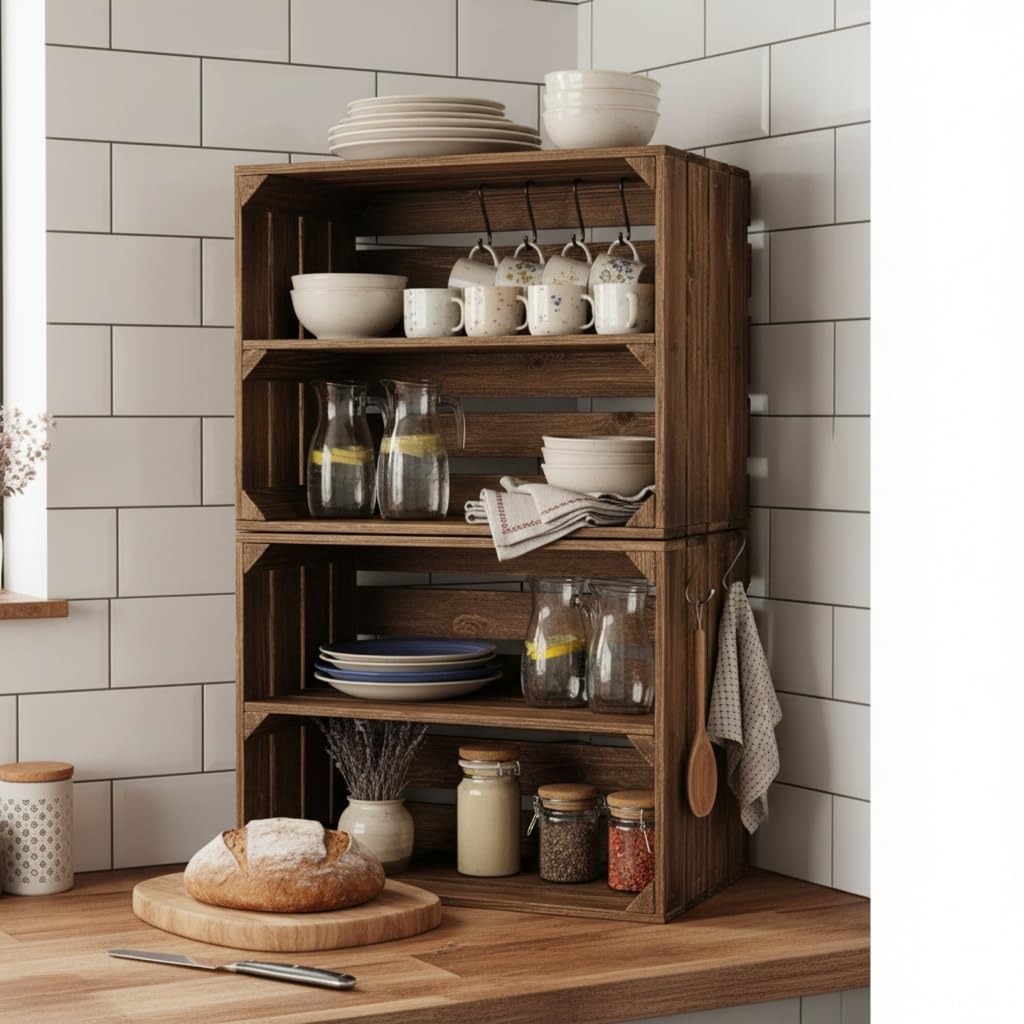 Teramico 4er Set Holzkisten in verschiedenen Variationen- Ideal als Couchtisch, zur Aufbewahrung oder einfach tolle Dekoration (Neu Geflammt 2 x Boden Längs)