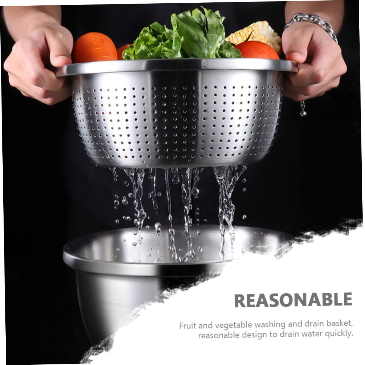 Scolapasta Multifunzionale in Acciaio Inox Doppio Strato e Design a Fori Fini, per Drenare Frutta e Verdura in Cucina Interna o Campeggio
