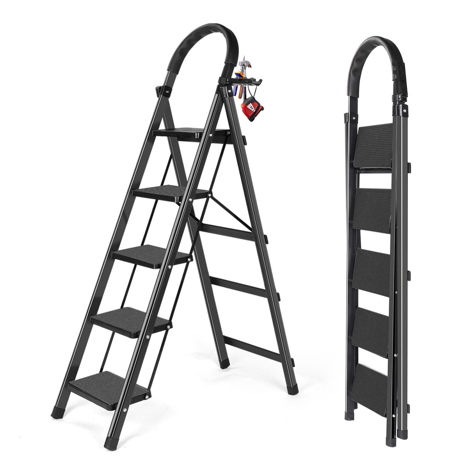 Scala a 5 gradini, scale per la casa, pedali antiscivolo, sgabello pieghevole in alluminio, leggero da spostare, facile da riporre, portatile, per armadio, cucina, biblioteca, supporta 136 kg (nero